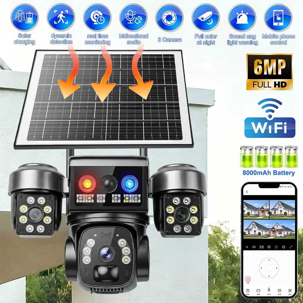 【Summerfinds】6MP Solar Powered Security Camera, Outdoor WiFi PTZ Triple Lens, Color Night Vision, IP66 Waterproof