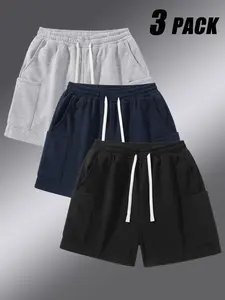 Men's Workwear Shorts with Pockets Drawstring Waist Solid Color Fleece Pants, Casual Fit for Fall & Winter Outdoor Activities
