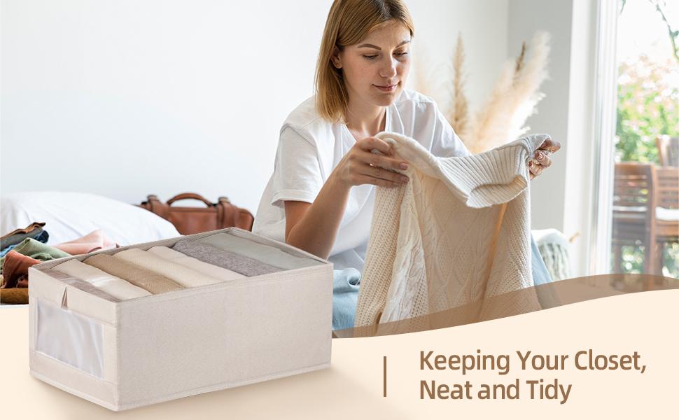 Linen Closet Organizers And Storage, 4 Pack Storage Bins Baskets for Organization Foldable Organizer with Clear Window Organizing Clothing, Jeans, Shelves