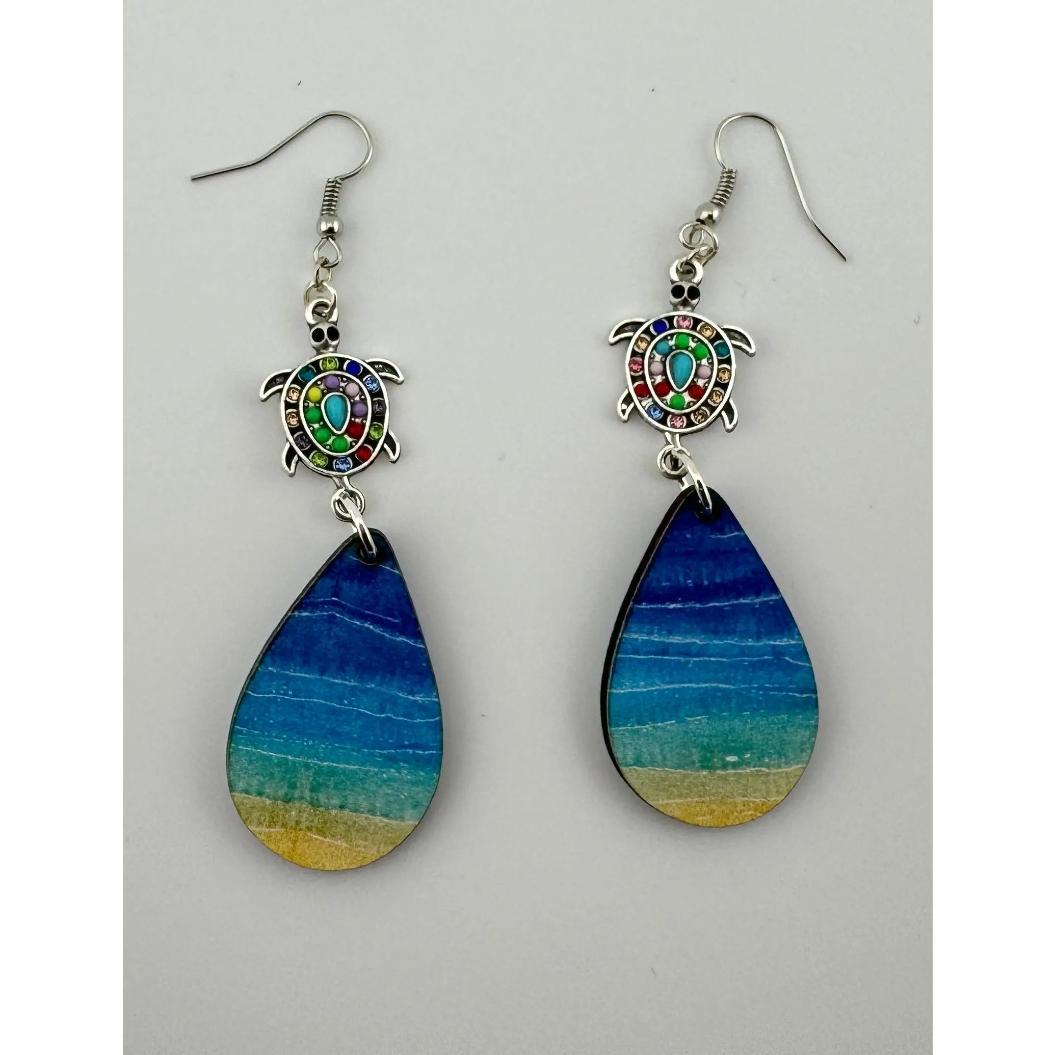Coastal Vibes Turtle Teardrop Earrings – Beach Wood Dangles with Colorful Charm