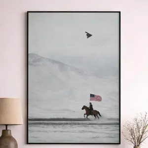 Cowboy on Horse and B2 Spirit Flying Satin Poster - Frame Not Included - America - Western - Mountain - Gift for Men and Women