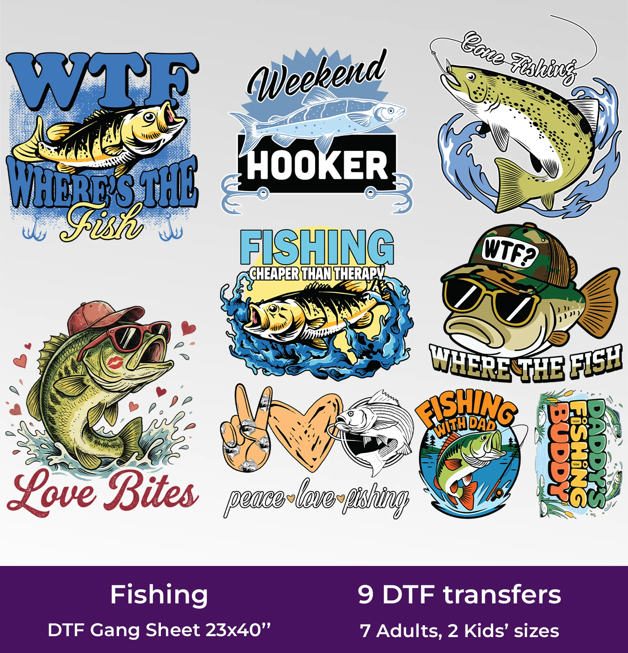 Fishing DTF Gang Sheet, 23x40 in. Ready-to-press Heat transfers