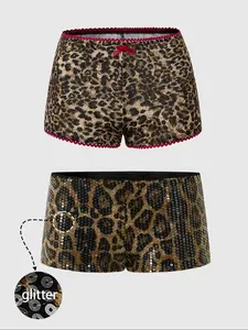 Women's Leopard Print Sequin Shorts Set, Sexy Fitted Lace Trim Design, Soft Comfortable Fabric, Perfect for Parties & Daily Wear