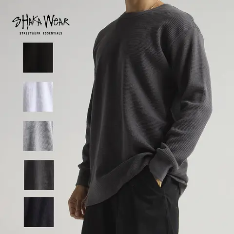 SHAKAWEAR Men's Max Heavyweight Thermal Long Sleeve T Shirt Casual Shaka Wear Long Sleeves Cotton Tee Shirts Woven Neck Warm Casual Hip Hop LA