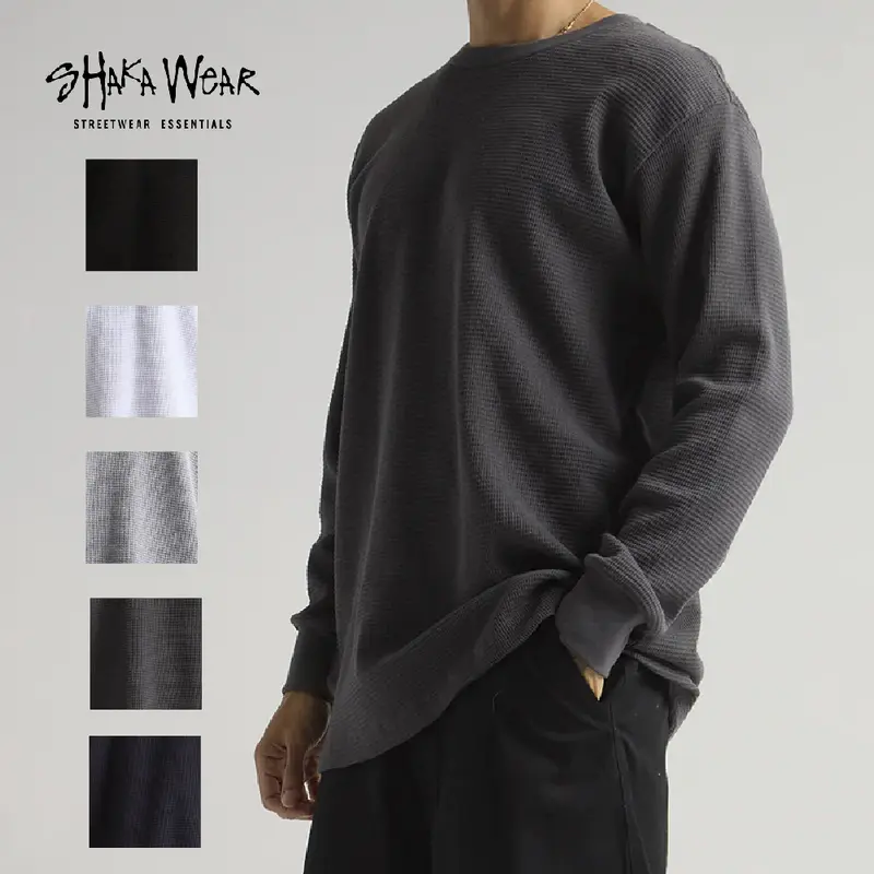 SHAKAWEAR Men's Max Heavyweight Thermal Long Sleeve T Shirt Casual Shaka Wear Long Sleeves Cotton Tee Shirts Woven Neck Warm Casual Hip Hop LA