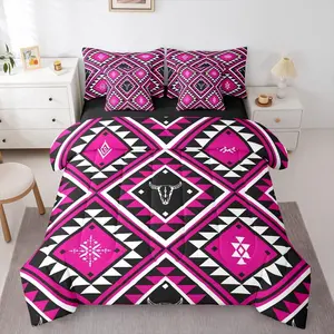 Feelyou 7-Piece Rustic Southwestern Queen Comforter Set - Hot Pink Boho Western Bedding with Bull Skull, Aztec Tribal Sheets, Diamond Duvet for Teen Girls