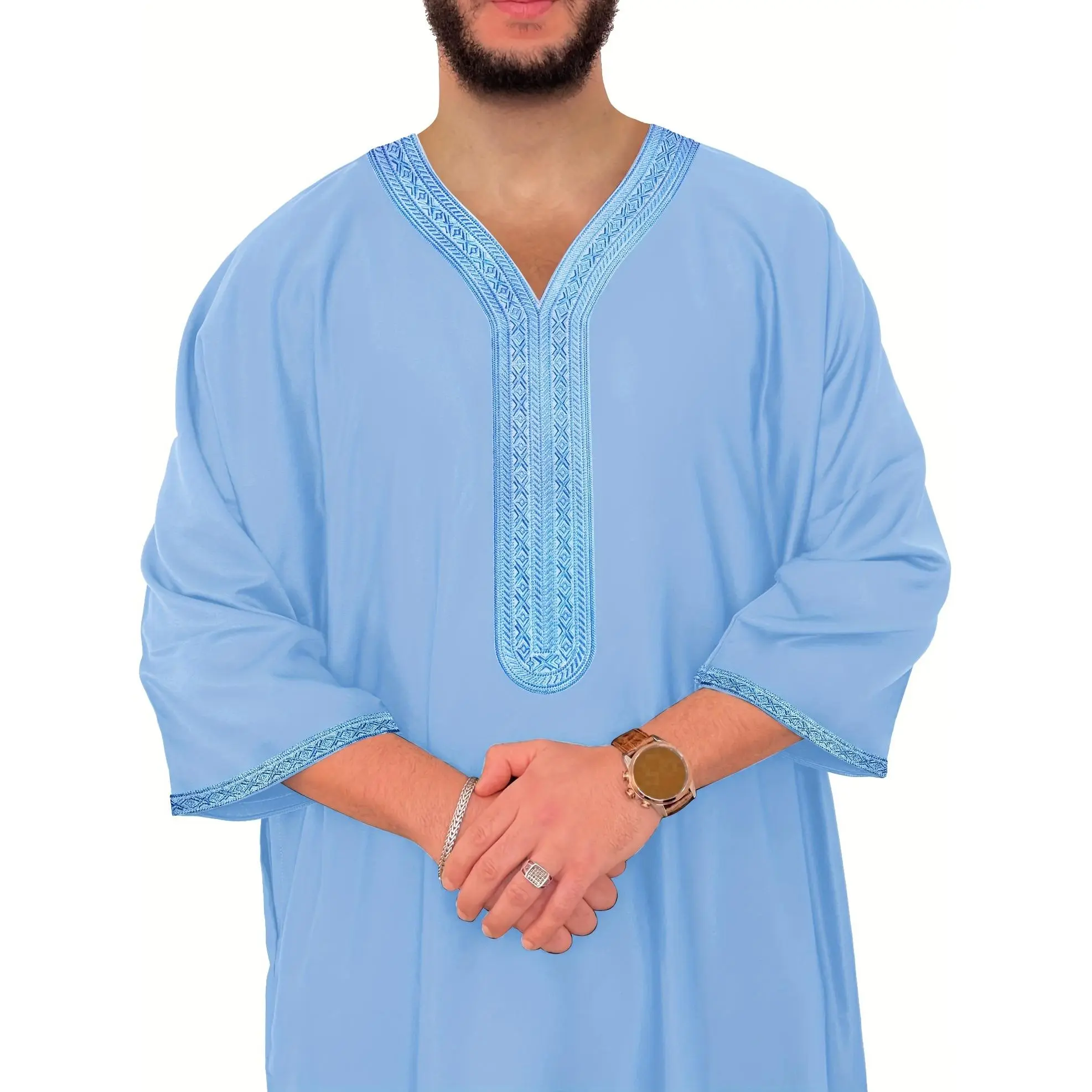 Eibbylink Men's Moroccan Green Embroidered Robe - Muslim Traditional Arab Thobe, Polyester Woven Fabric, Casual V-Neck, Side Pockets, Spring/Summer, O Size, Embroidery