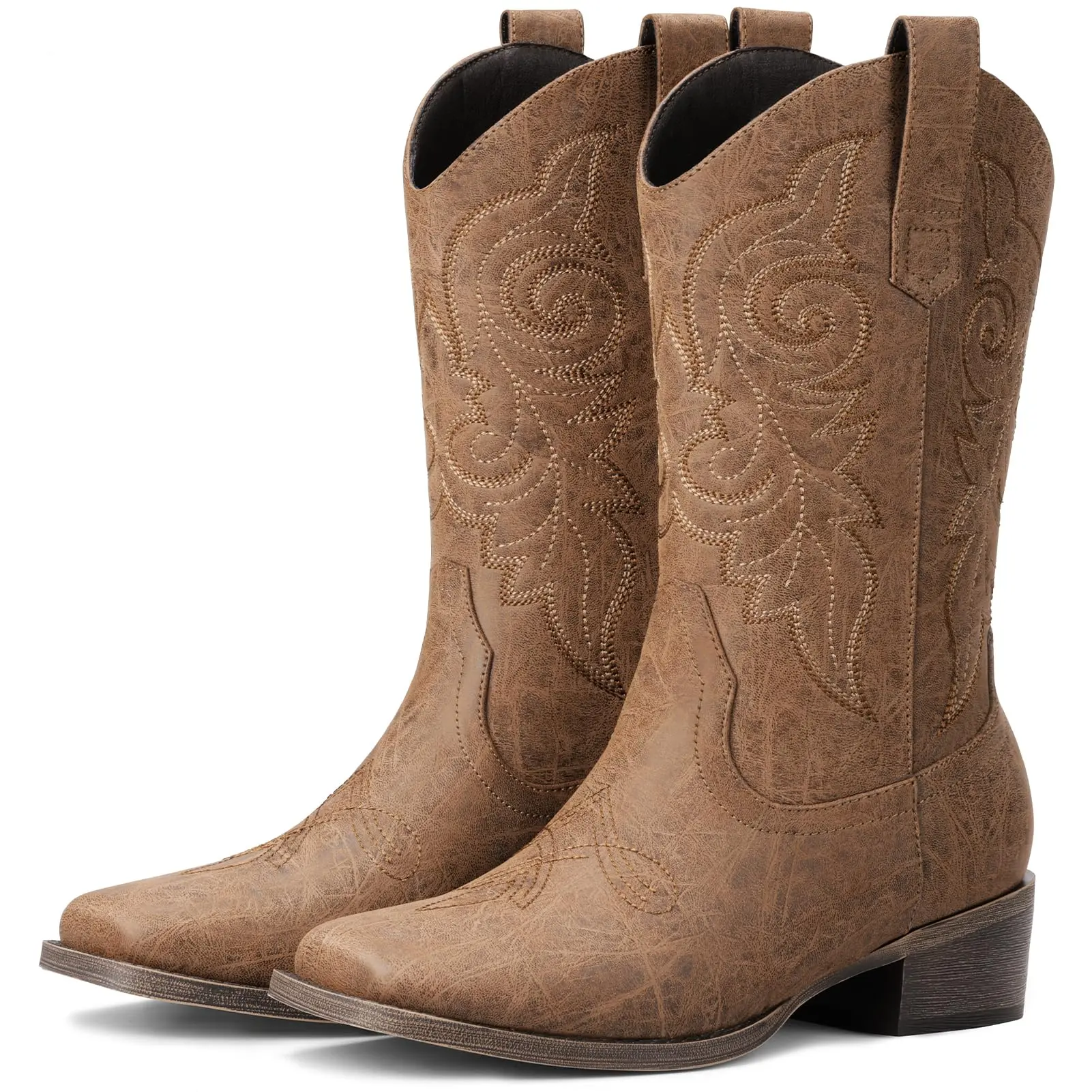 Western Cowboy Boots for Women - Square Toe Mid Calf Cowgirl Boots, Low Chunky Heel Country Boot with Classic Retro Embroidery Pull On for Ladies Rodeo Festival Concert Daily Outfits