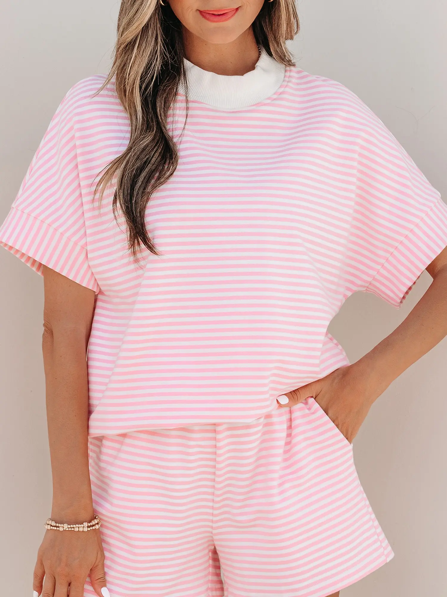 Womens Pink Striped 2 Piece Outfits Contrast Mock Neck Tee Cuffed Sleeve Casual Short Set Loungewear Valentine's Day Gift