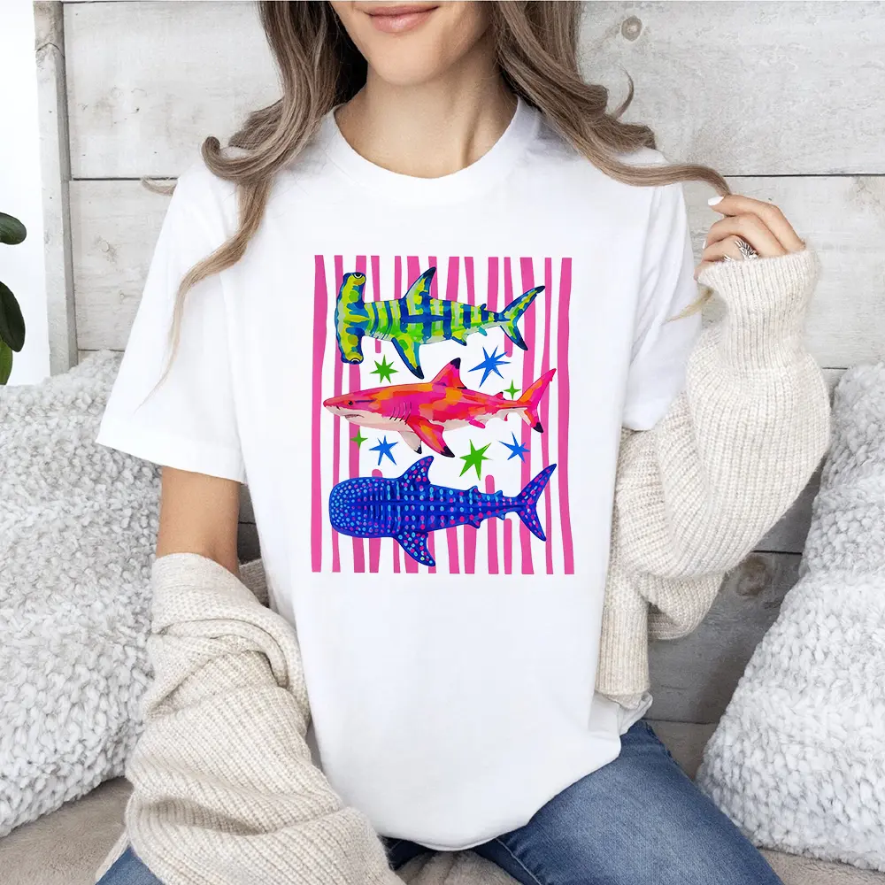 Whale Shark Neon Summer Shirt, White Hammerhead Ocean Animal Tee Casual Fabric