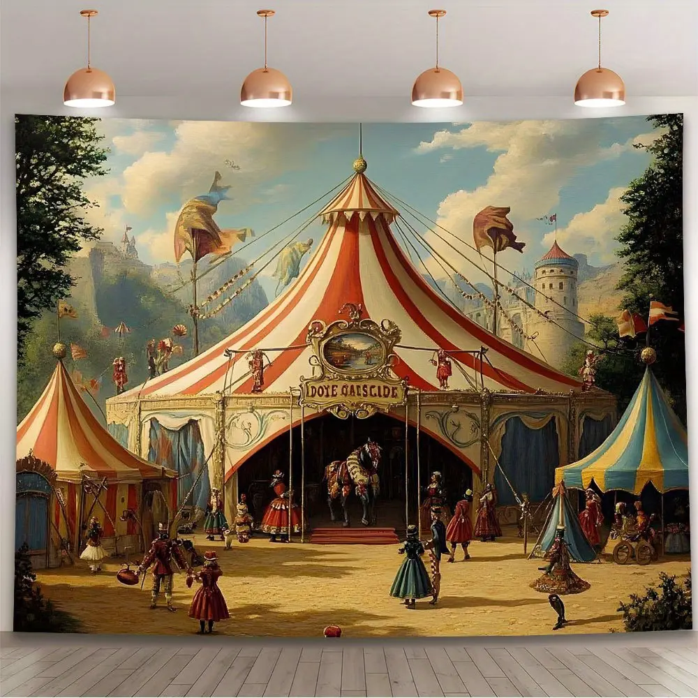Retro Carnival Tent Backdrop - Vintage Circus Design, Reusable Polyester Fabric, Indoor/Outdoor Use, Perfect for Anniversaries/Home/Office & Theme Party Decor Banners