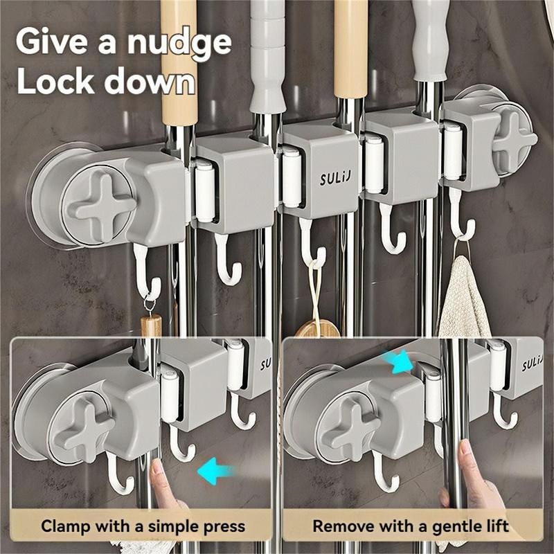Mop Holder with Hooks, Wall Mounted Broom Holder with 4 Racks and 5 Hooks, Self-Adhesive Organizer for Kitchen, Bathroom, and Closet