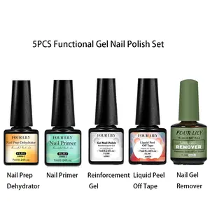 FOURLILY 5pcs Gel Nail Polish Set, Gel Nail Kit with Everything, with Nail Prep Dehydrator, Nail Primer, Quick-Build Reinforcement Gel, Nail Gel Remover, Soak-Off Varnish for Stronger Nails, Essential for Nail Salons, Perfect for Nail Artists Cosmetic
