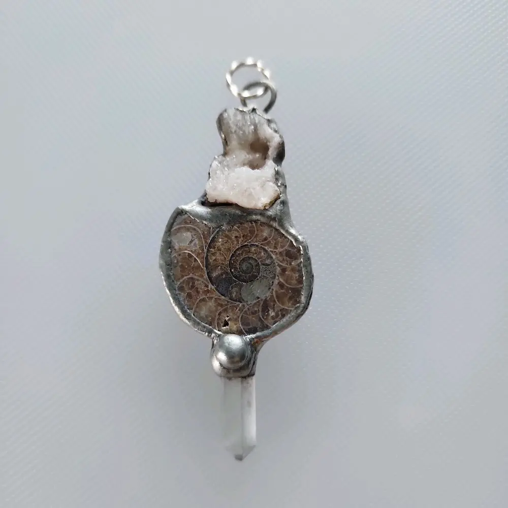 Soldered Ammonite Fossil and Geode Pendant