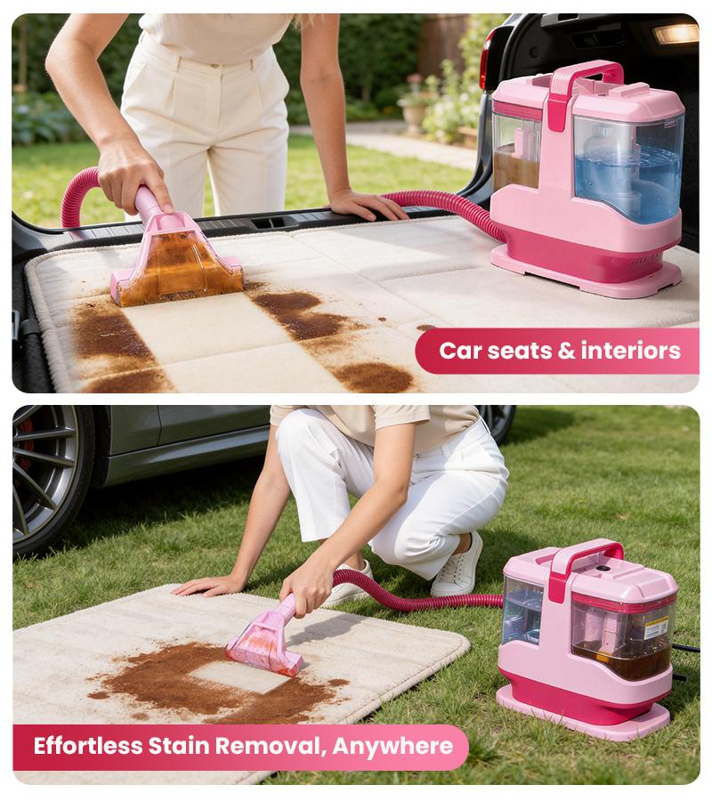 [Memorial Day Sale] Upholstery Carpet Vacuum Cleaner, 18KPa Suction Spot Cleaning Machine for Pet Stains, Carpets, Sofa, Car Seats, Mattress, with 3 Multipurpose Cleaning Tools, 6'' Deep Cleaning Brush | Portable 3-in-1 Little Pink C9S pet lovers