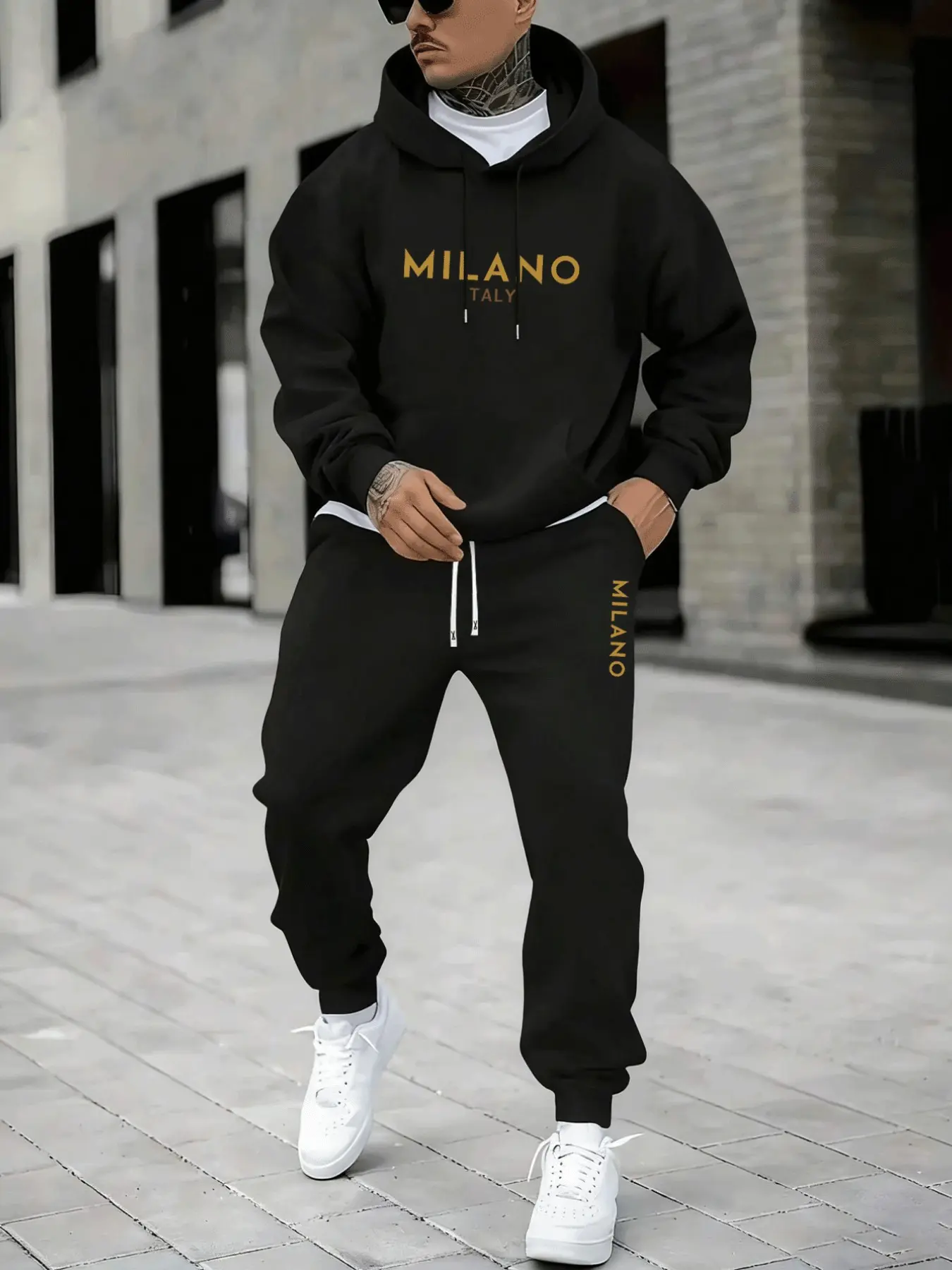 Men's Plus Size Milano Letter Casual Long Sleeve Geometric Drawstring Hoodie and Sweatpants Set, Loose Fit, Micro Stretch Fabric, Fall & Winter Outfit