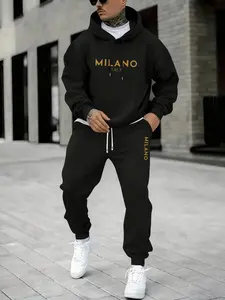 Men's Plus Size Milano Letter Casual Drawstring Hoodie and Sweatpants Set, Loose Fit, Micro Stretch Fabric, Fall & Winter