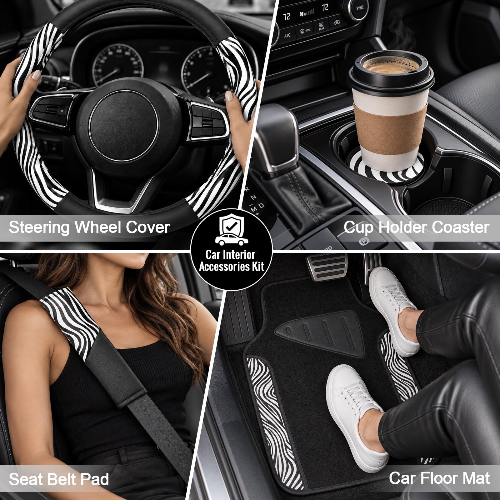 Zebra Print Car Seat Covers Full Set, 11PCS Car Interior Accessories Kit with Steering Wheel Cover, Floor Mats, Seat Belt Pads & Cup Coasters, Universal Fit for Cars SUVs Trucks