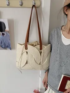 Trendy Fashion New Design High-End Creative Woven Bag, Unique Hollow Out Round Ring Handmade Shoulder Bag, Large Capacity Travel Tote