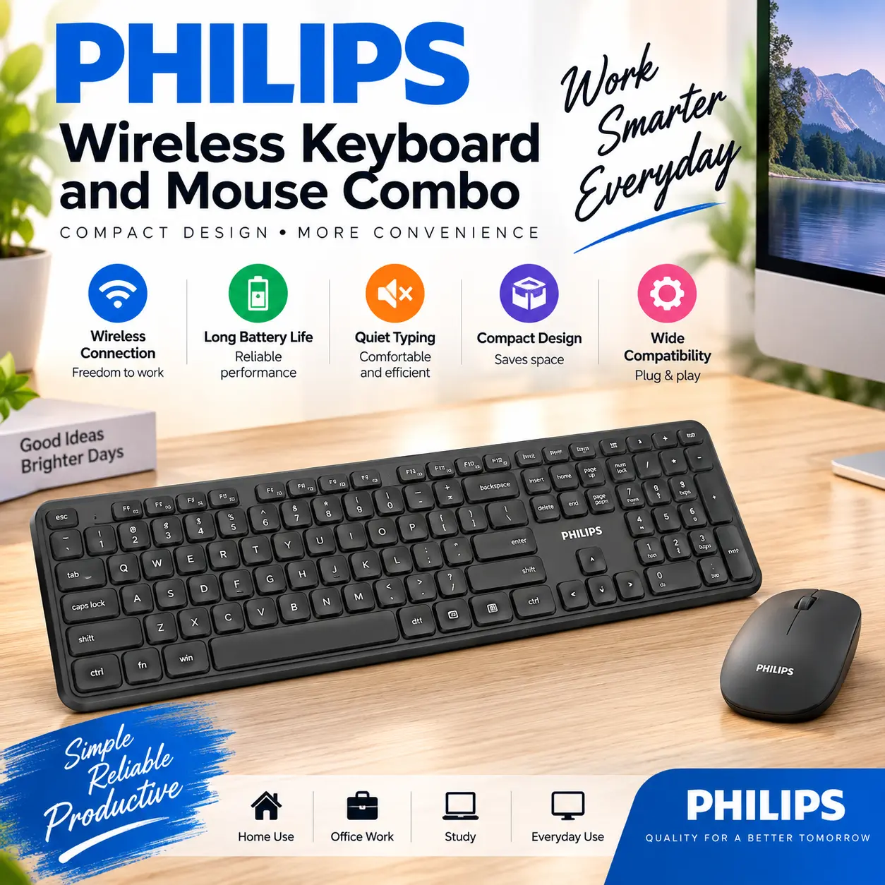Philips Wireless Keyboard & Mouse Combo – Compact Full-Size Keyboard & Mouse Set