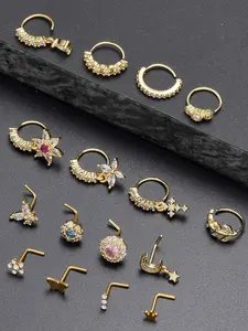 18Pcs Nose Rings Hoops L Shape Nose Studs Screw Bone CZ Butterfly Flower Cross Leaf Star Crown Heart Nose Nostril Piercings Jewelry Set For Women Men Gold Silver Tone 20G