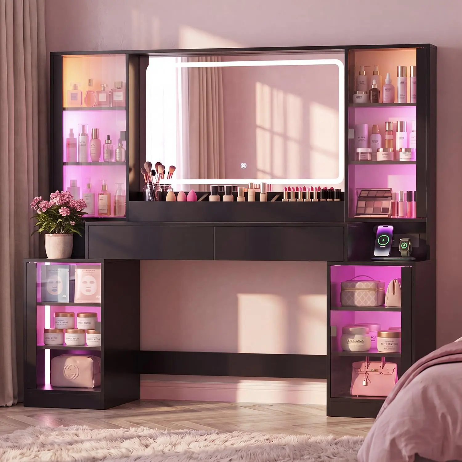 Hauoms 59.1" Freestanding Backlit Vanity - Large Makeup Table with RGB Sound Sync Chasing Lights, 3-Color HD Mirror, 2 Drawers, 4 Tempered Glass Cabinets, Charging Station, LED Accented Furniture for Women's Bedroom (Lighted Makeup Vanities), Vanity Led D