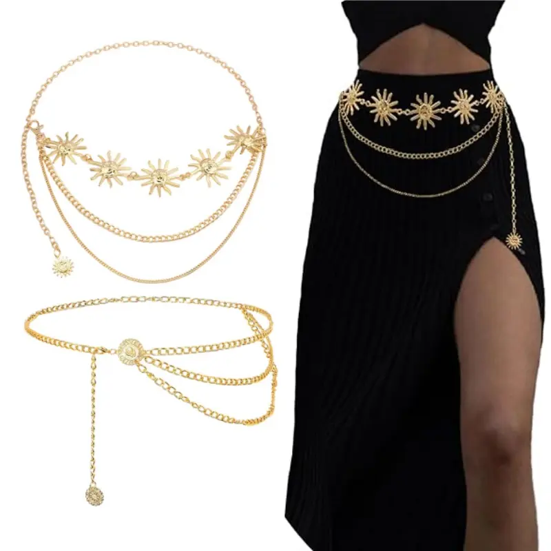 2pcs Waist Chain Belt Multilayer Sun Moon Chain Belt for Women Dress Body Belly Chain Metal Waist Chain