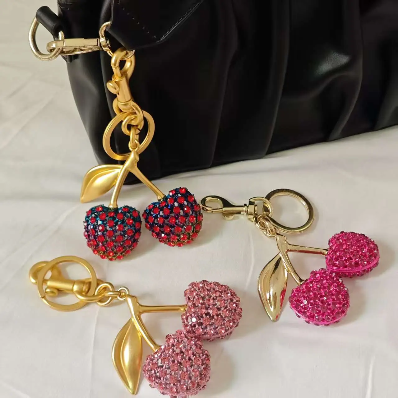 Fashion Accessories} Alloy Zircon Hollow Cherry Keychain for Girls