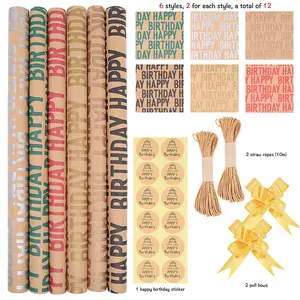 12 Sheets Happy Birthday Wrapping Paper for Boys Men Women Girls,Recycled Gift Wrapping Paper Set (20 x 28 inch),Brown Kraft Folded Paper with Jute Strings,Stickers and Bows for Birthday Occasions,DIY Hand Tools Kits
