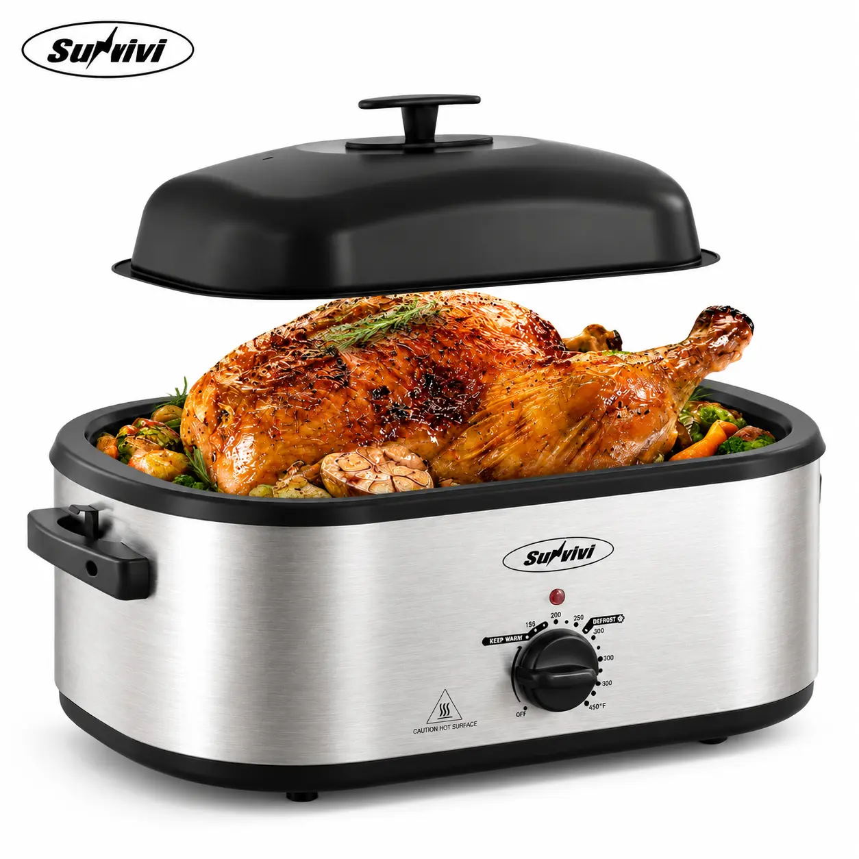 Sunvivi Electric Roaster Oven Cooker - 20 Qt Household Kitchen Appliance, Removable 3-Bin Buffet Server for 3 Dishes, Lid, Racks, Adjustable Thermostat (150-450°F), 450°F Defrost, Juicy Turkey Baste, Convenience, Dishwasher Safe for Family Meals