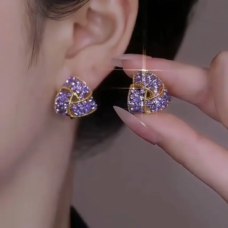 Women's 2-Pair/Set Hoop Shape Earrings - 14 Karat Gold Metal Coating, Purple Crystal Accents, Elegant Sparkling Costume Jewelry for Female Daily Wear