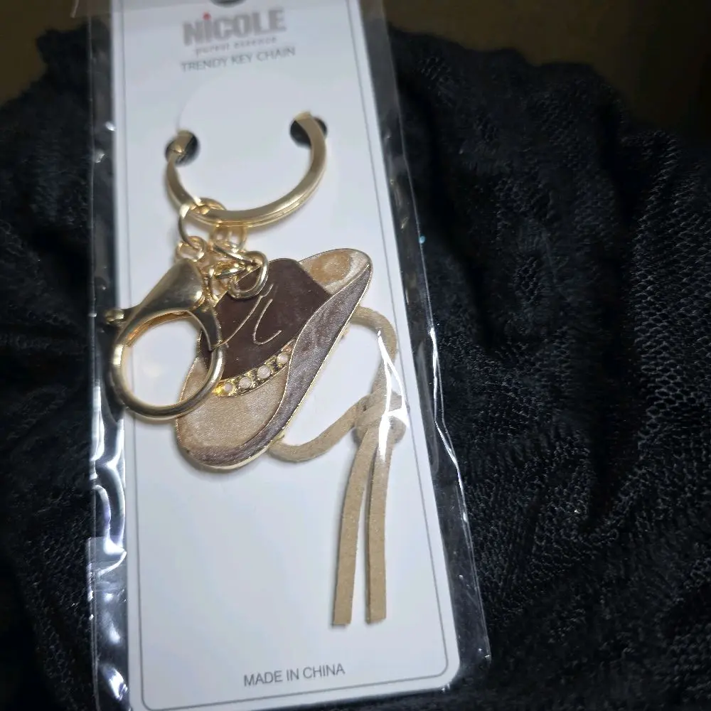 Dark Brown Cowboy Hat Keychain with Gold Trim