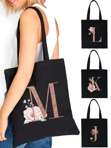 Women's Canvas Shopping Bag, Reusable Grocery Handbag, Rose Gold Letter Name Pattern, Monogram Tote Bag, Large Capacity Shoulder Bag, Ideal for School & Work, Shopping Tote Bag