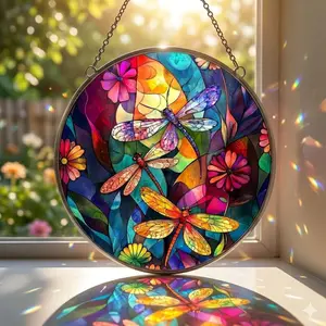 Stained Glass Dragonfly Suncatcher - Light, Colorful Hangable Metal Decor, Spring-Summer Home Garden Window Hanging, Mothers Day Gift Decoration