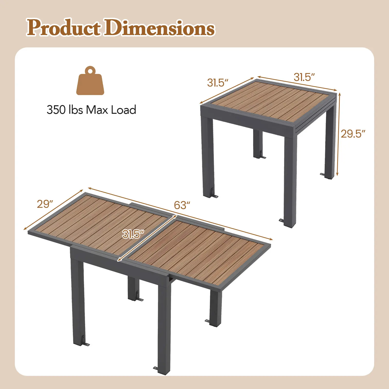 COSTWAY - 31.5-63 Inches Extendable Patio Table for 4-6 People-Natural