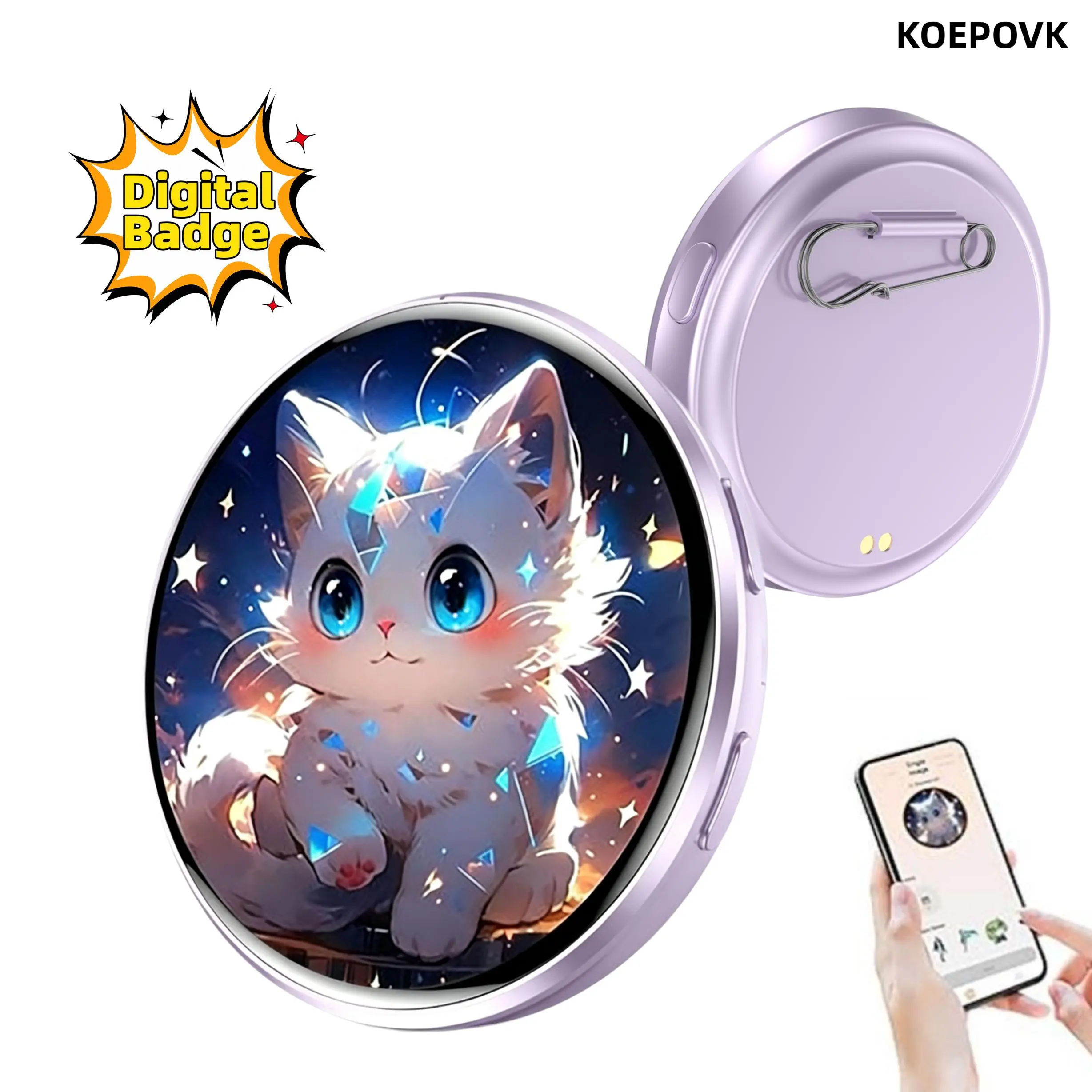 KOEPOVK Unisex Clip-On Cyber Electronic Badge Pin Brooch - 1.7in HD Display Touchscreen Digital Pin, App Control Bluetooth-Enabled Customizable Photo/GIF/Video, 600mAh Long Battery Life, Anime Fans' Creative Gifting Accessory