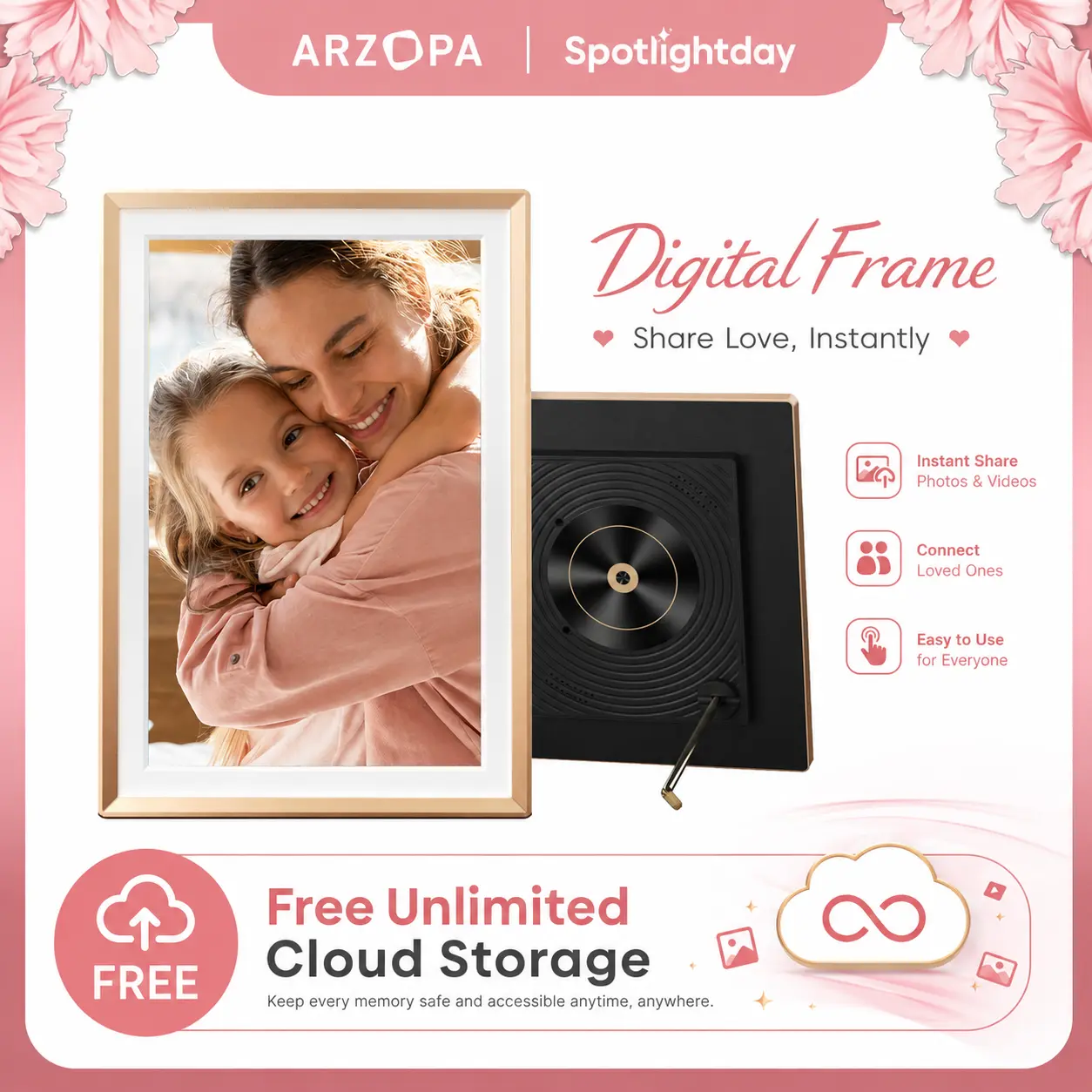 ARZOPA WiFi Digital Touch Screen Photo Frame Free Unlimited Cloud Storage Touchscreen 120s Video Frame PhotoFrame Digital Picture Frame Auto Rotate for Gift Idea