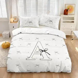 2/3Pcs A-Z Coquette Bow Monogram Initial Duvet Cover Set, Neutral Aesthetic Bedding Set, Cream & Black Bow Print, Soft Microfiber, Zipper Closure, Wrinkle Resistant, For Girls Bedroom, All Season Use