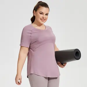 Plus Size Women's Plus Size Hip-Length Long Yoga Top Mesh Open Back Breathable Short Sleeve Slim Running Fitness Workout Shirt