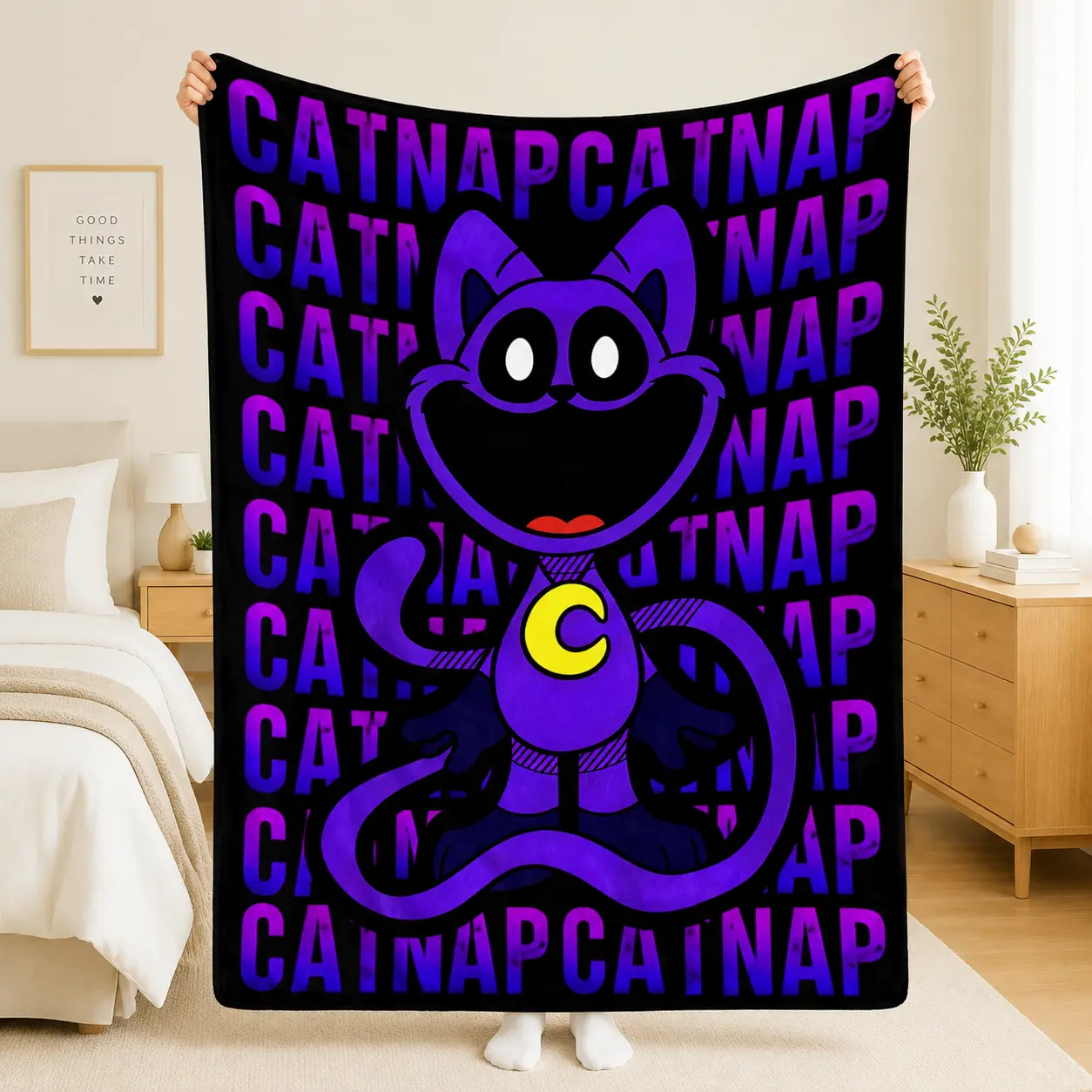 CATNAP Purple Neon Cat Flannel Fleece Blanket, Cute Cartoon Cat Throw Blanket, Ultra Soft Plush Cozy Bed Sofa Blanket, Gamer Aesthetic Room Decor, Funny Cat Lover Gift for Kids Teens