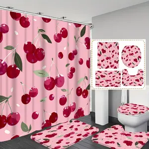 1pc/4pc Fresh Cherry Fruit Pattern  printed shower curtain, shower curtain set with 12 hooks. The shower curtain set includes a bath mat, U-shaped floor mat, toilet seat cushion, bathroom acces