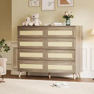Modern Rattan 8 Drawer Dresser for Bedroom, Wooden Chest of Drawers with Storage, Clothes Organizer Cabinet for Nursery, Living Room, Entryway, Natural Finish