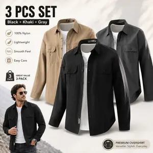 Men’s three-piece button shirt set: long-sleeve casual dress shirt, work shirt with pockets; suitable for office, business, casual wear, and everyday travel.