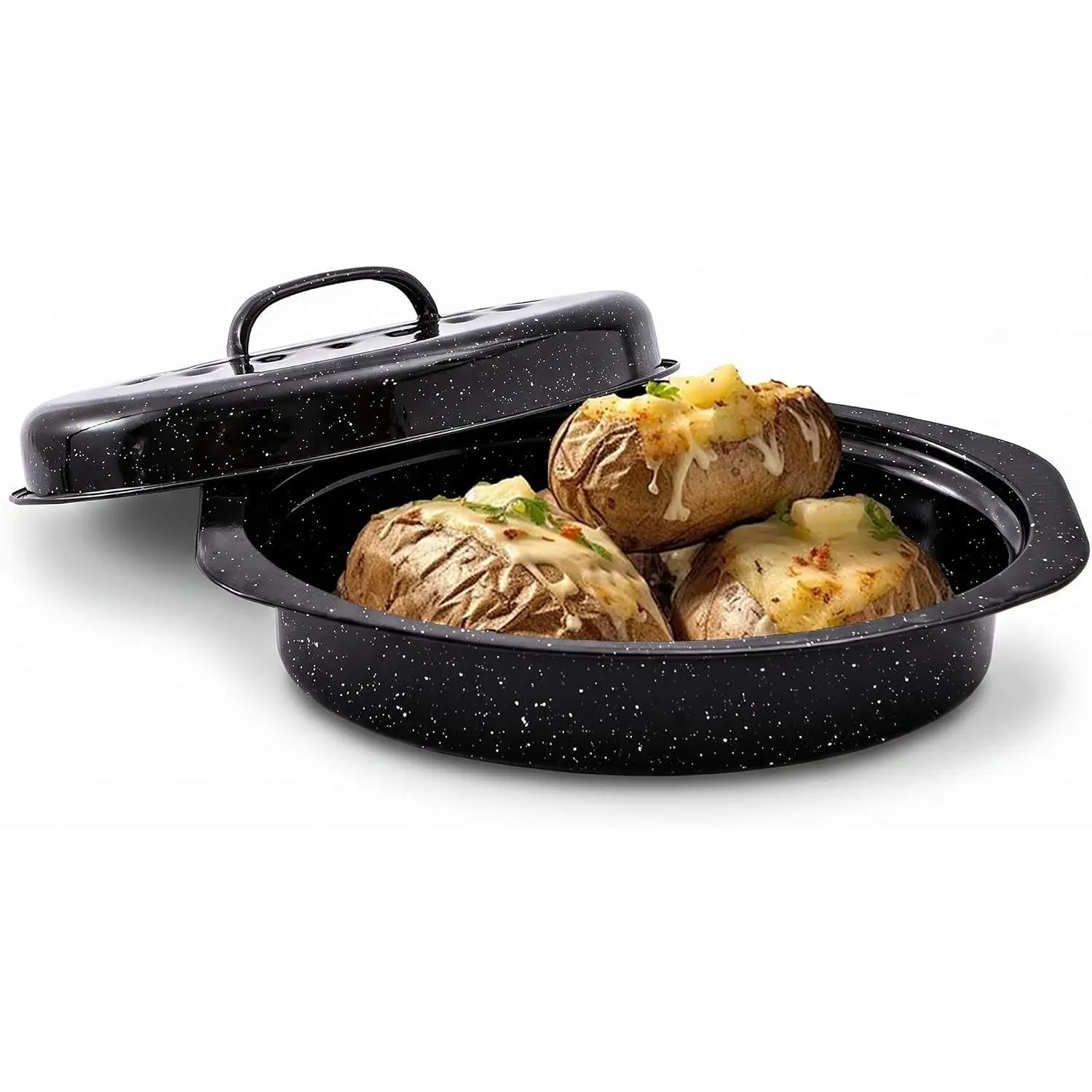 13” Enamel Roaster With Lid Oval Roasting Pan For Oven,Turkey Roaster Pot Broiler Pan Chicken Vegetables Suitable For Dining With Two People High Cookware Small Baking Pan