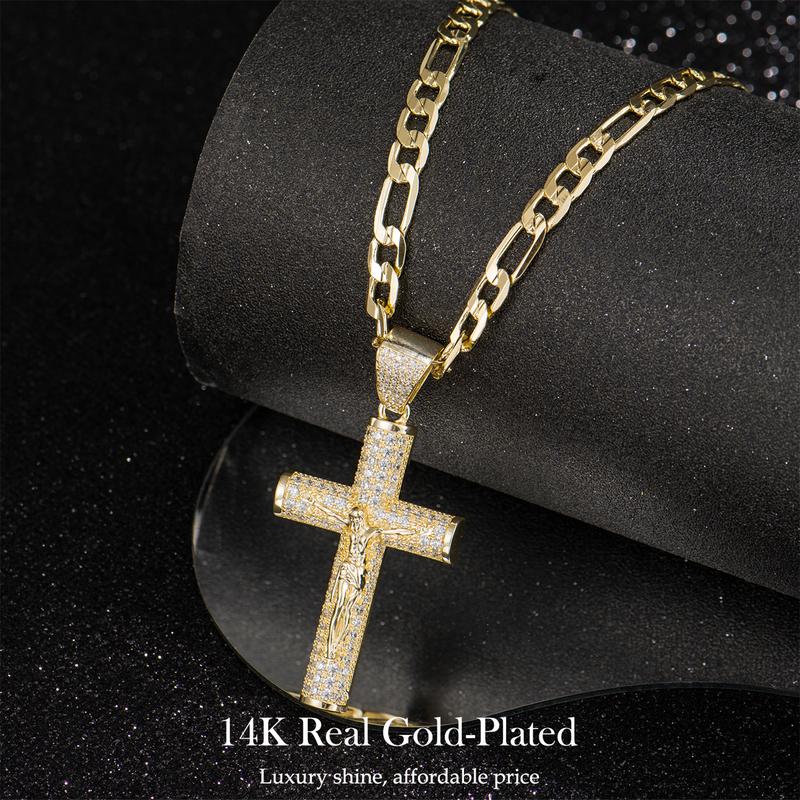 Holylegend 14K Real Gold-Plated Cross Necklace for Men, Advanced Nanotech Tarnish-Free Rope Miami Cuban Figaro Chains with Jesus Crucifix Pendant, 24” Long , Christian Religious Jewelry Gift