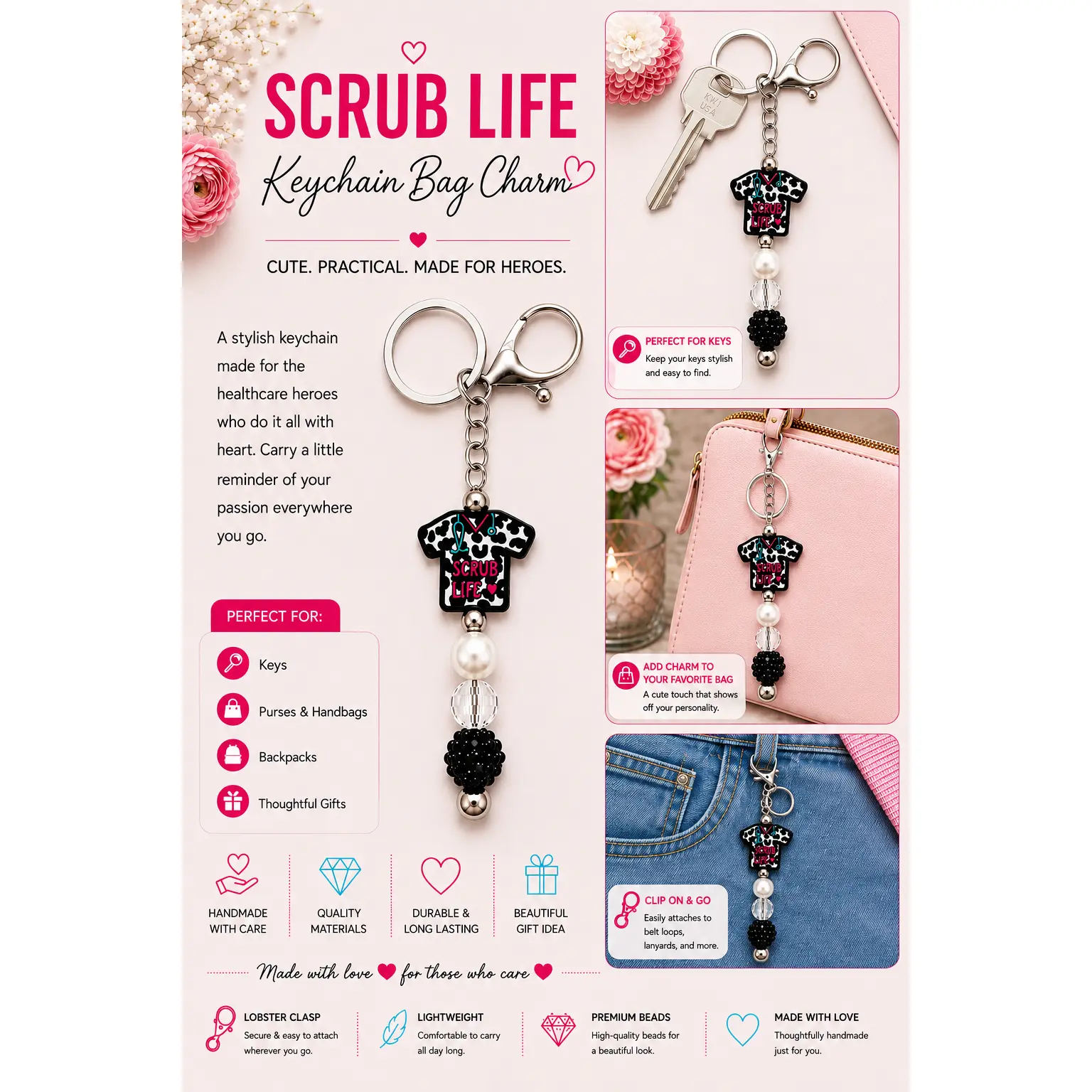 Scrub Life Nurse Keychain Bag Charm - Cow Print, Pearl & Black Sparkle Beads