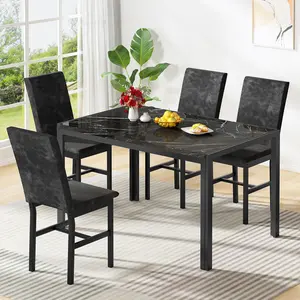 Lamerge 5-Piece Marble Dining Set with Modern Kitchen Table & 4 Upholstered Velvet Chairs, Compact Space Saving Furniture for Dining Room