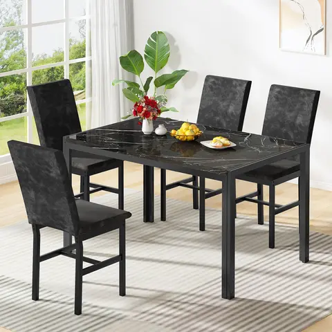 Lamerge 5-Piece Classic Marble Dining Table Chairs Set - Waterproof Top, Modern Kitchen Table, 4 Velvet-Upholstered PU Leather Chairs, Compact Space-Saving Apartment Furniture, Fire Safety Label, Metal, Durable, Easy Maintenance, Seats 4
