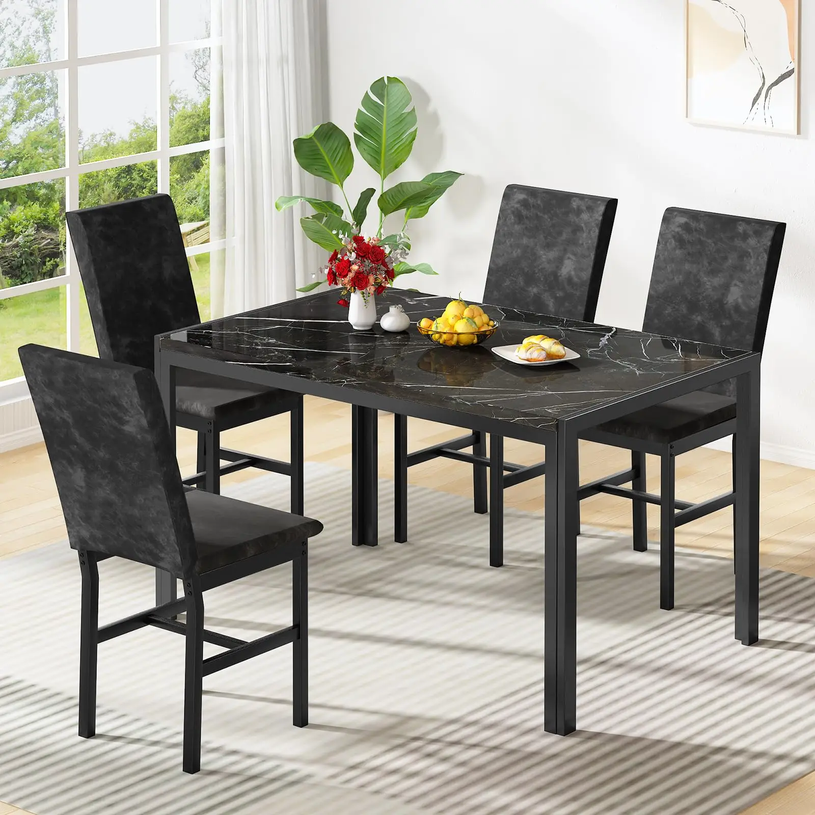 Lamerge 5-Piece Marble Dining Set with Modern Kitchen Table & 4 Upholstered Velvet Chairs, Compact Space Saving Furniture for Dining Room