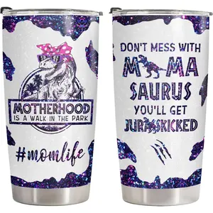 Purple Mamasaurus Tumbler 20oz with Lid, Funny Dinosaur Mommy Stainless Steel Vacuum Insulated Travel Drinking Cup, Mother's Day Gifts for Mama from Son Daughter Husband